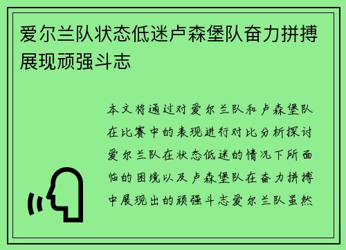 爱尔兰队状态低迷卢森堡队奋力拼搏展现顽强斗志