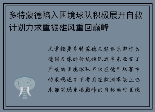 多特蒙德陷入困境球队积极展开自救计划力求重振雄风重回巅峰