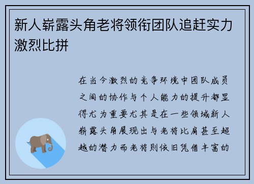 新人崭露头角老将领衔团队追赶实力激烈比拼