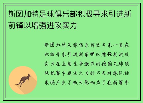 斯图加特足球俱乐部积极寻求引进新前锋以增强进攻实力