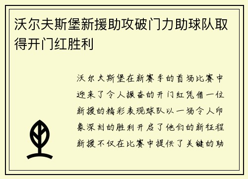 沃尔夫斯堡新援助攻破门力助球队取得开门红胜利