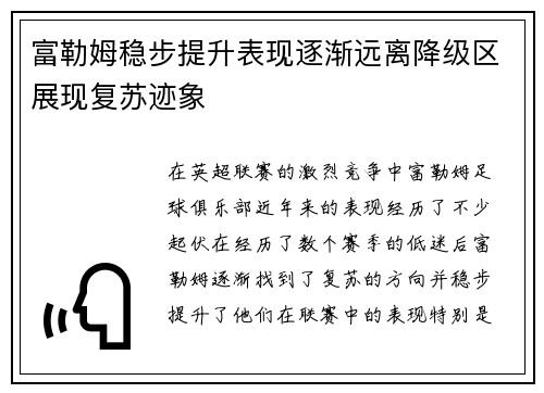 富勒姆稳步提升表现逐渐远离降级区展现复苏迹象