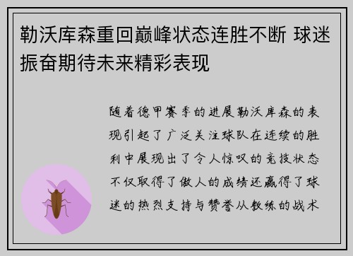 勒沃库森重回巅峰状态连胜不断 球迷振奋期待未来精彩表现